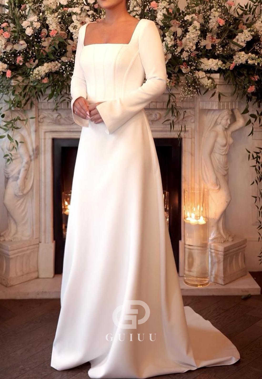 Elegant Long Sleeves Square Empire-Waist Satin Wedding Dress – GUIUU