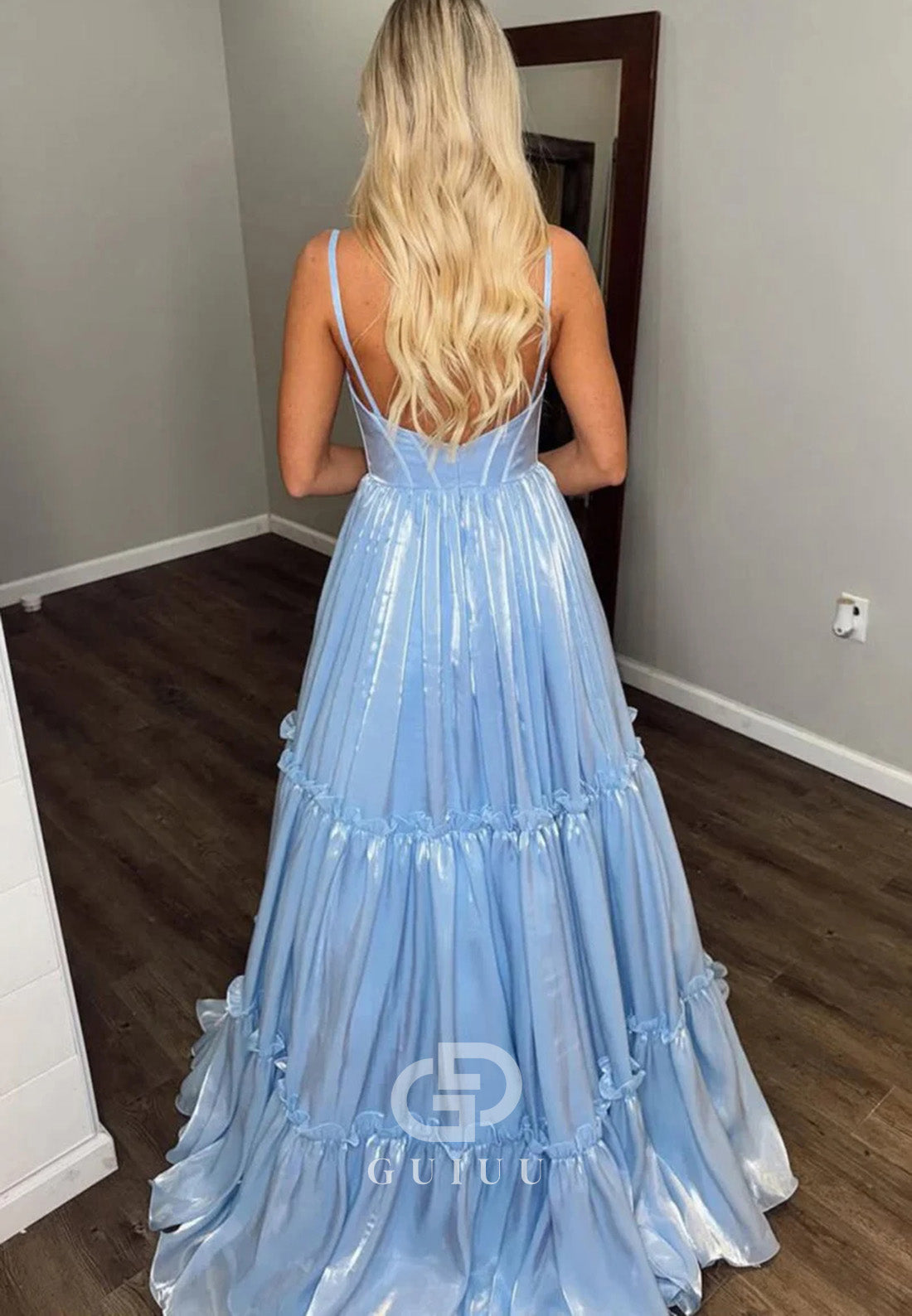 Cute A-Line V Neck Light Blue Glitter Organza Satin Prom Dress