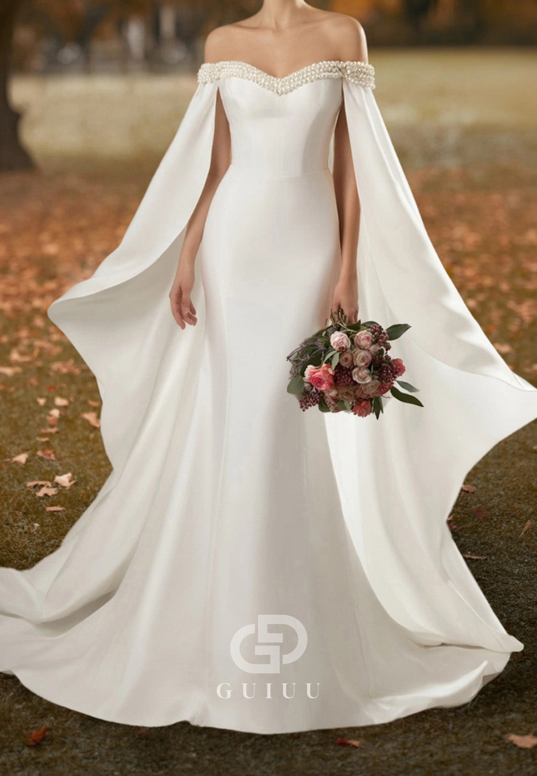 Formal Off-Shoulder Strapless Cape Mermaid Wedding Dress