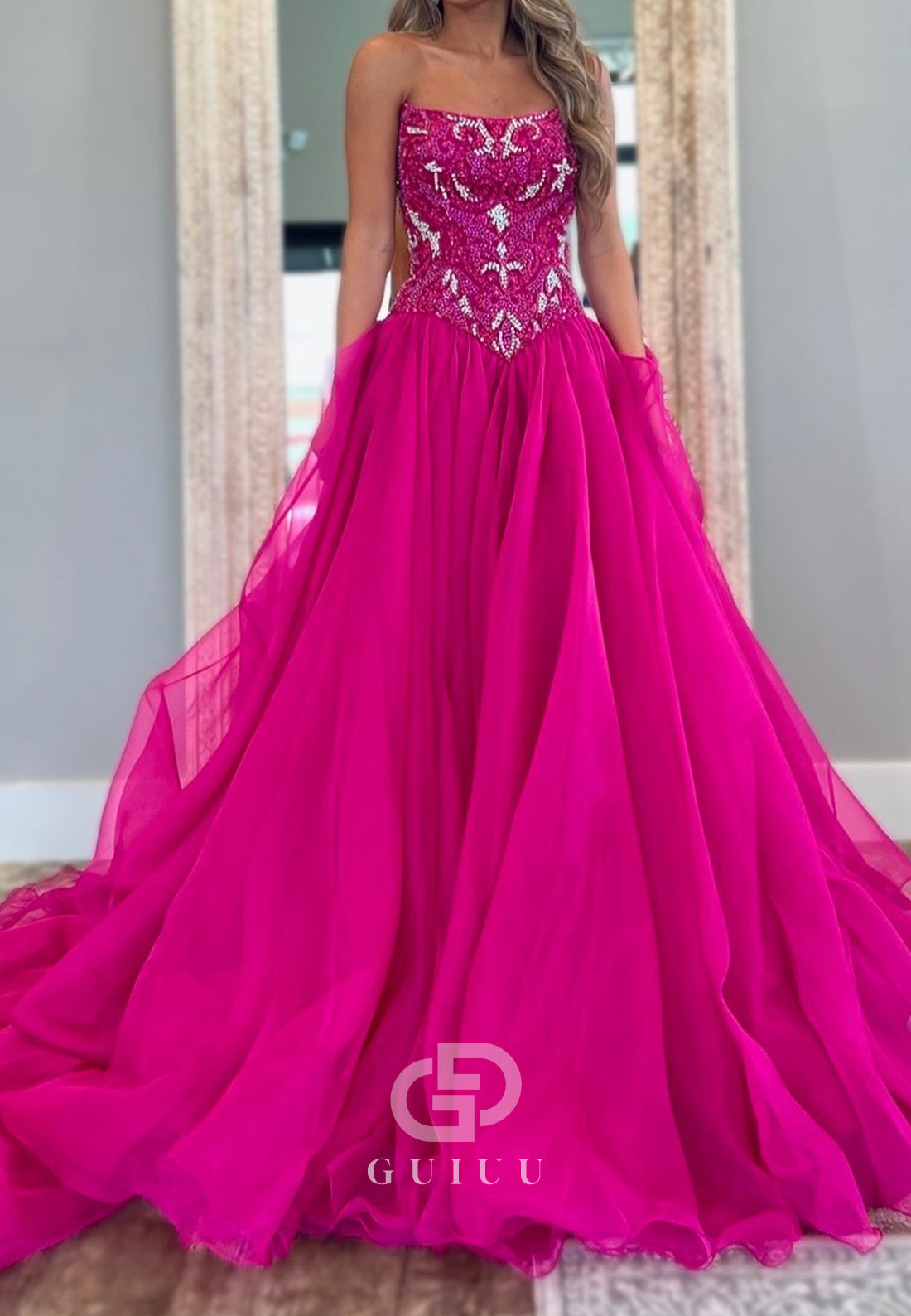 Fuchsia A-Line Strapless Sleeveless Empire-Waist Prom Dress