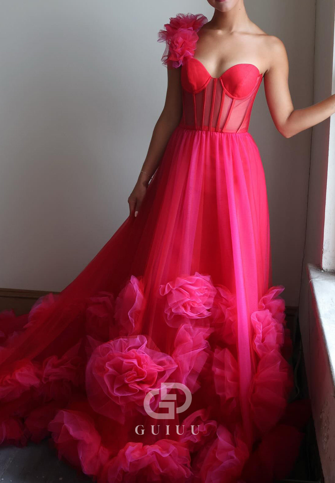 Fuchsia One Shoulder Sleeveless Floral Appliques A-Line Prom Dress