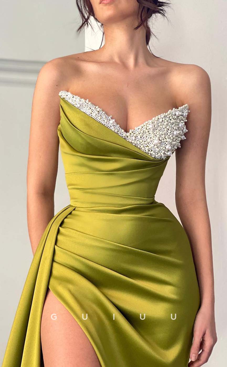 G2392 - Sexy/Hot Strapless V-Neck Satin Pleats Evening Prom Dress
