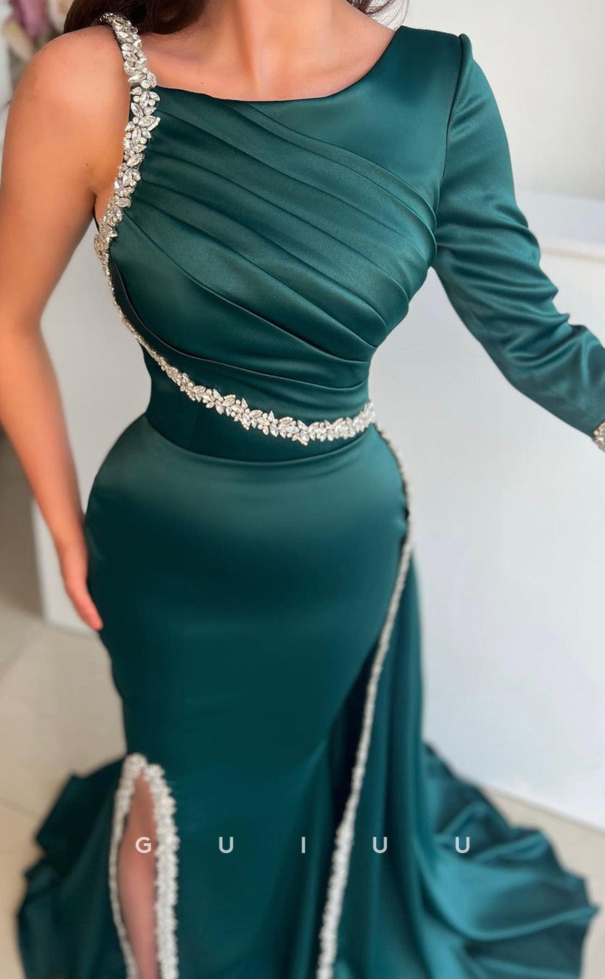 G2492 - Sheath Oen Shoulder Beaded Peacock Long Formal Prom Gowns Dress