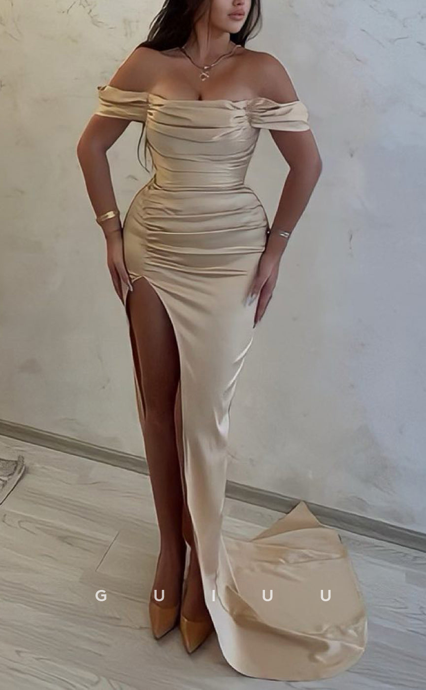 G2536 - Chic & Modern Off-Shoulder Satin Ruched Long Prom Evening Dress