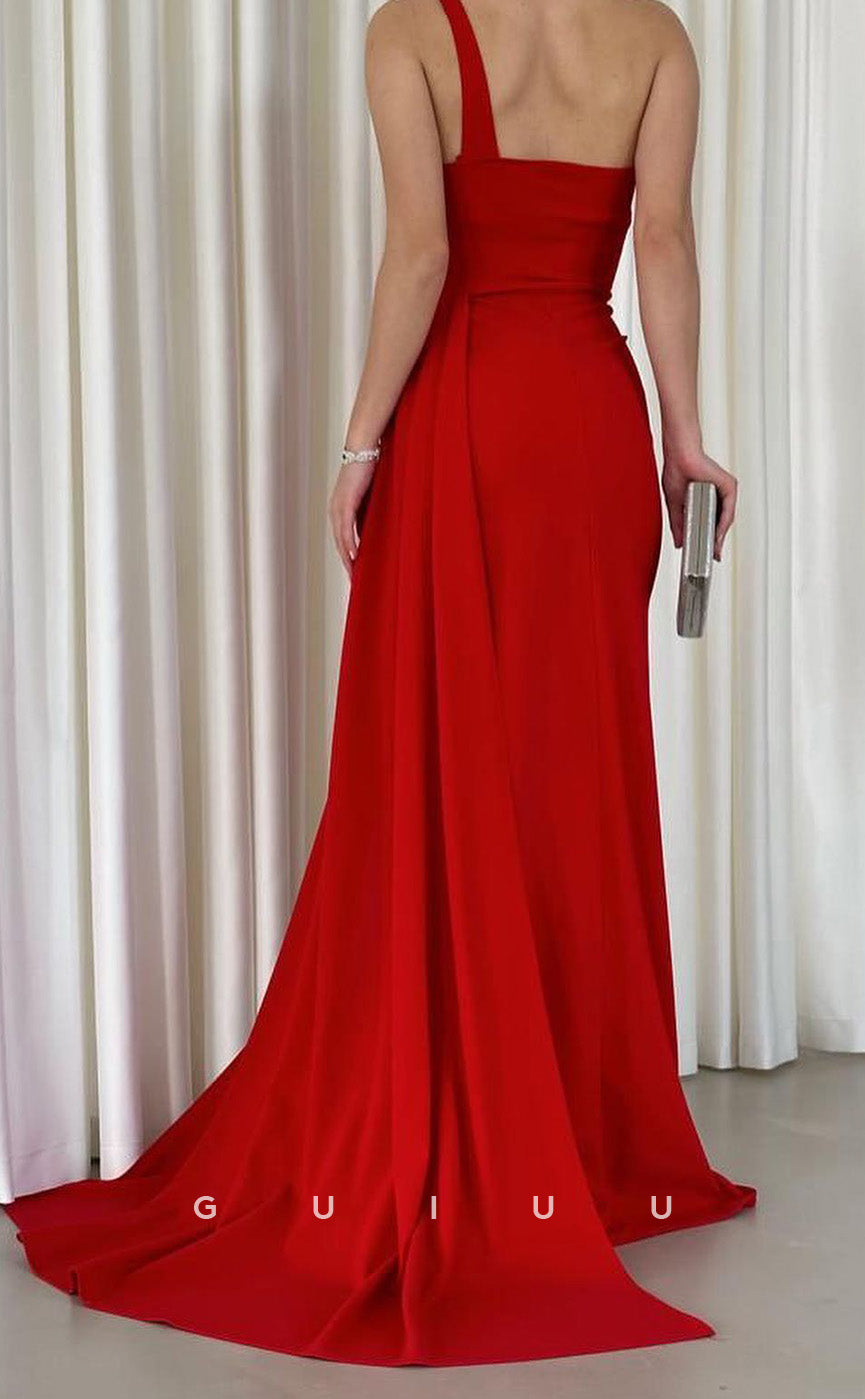 G3431 - Sexy & Hot Sheath One Shoulder High Side Slit Draped Sweep Train Long Party Prom Dress
