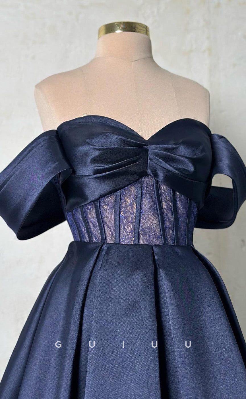 G3434 - Chic & Modern A-Line Sweetheart Off Shoulder Lace Draped Floor-Length Long Ballgown Prom Dress