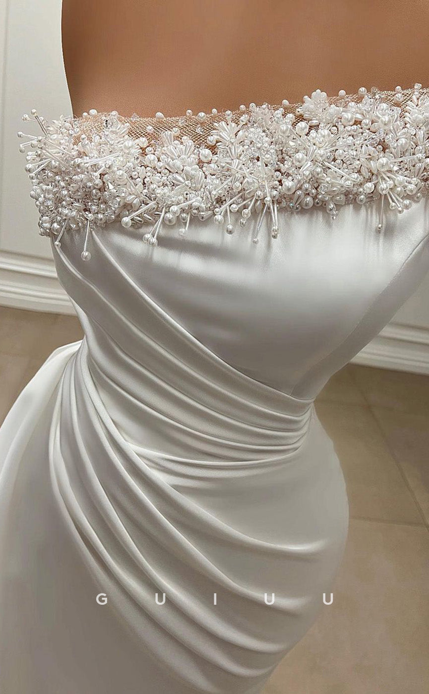 G3459 - Sexy & Hot Sheath Asymmetrical Draped Beaded Pearls Floor-Length Party Prom Dress With Overlay