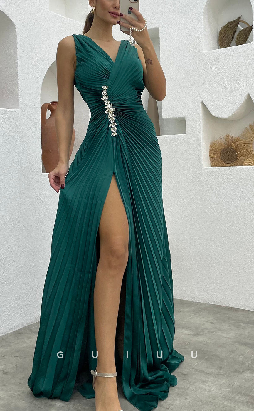 G3490 - Chic & Modern Sheath V-Neck Straps Draped Beaded High Side Slit Floor-Length Ballgown Prom Dress