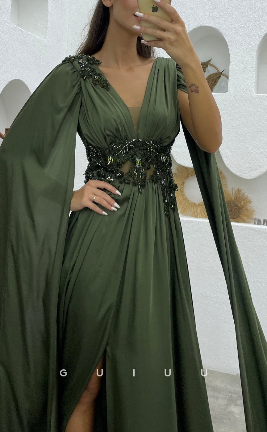 G3496 - Classic & Timeless A-Line V-Neck Straps Beaded Side Slit Floor-Length Ballgown Prom Dress