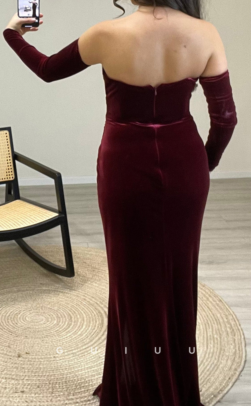 G3507 - Chic & Modern Sheath Asymmetrical Long Sleeves Beaded Side Slit Draped Floor-Length Party Gown Prom Dress