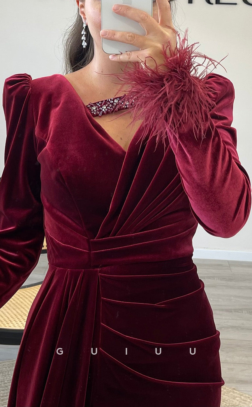 G3514 - Chic & Modern Sheath V-Neck Long Sleeves Feather High Side Slit Draped Floor-Length Party Ball Gown Prom Dress With Sweep Train