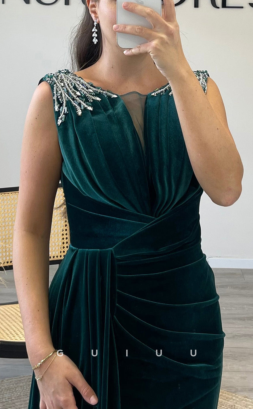 G3515 - Chic & Modern Sheath Bateau Draped Beaded Side Slit Half Sleeves Long Ballgown Prom Dress With Sweep Train