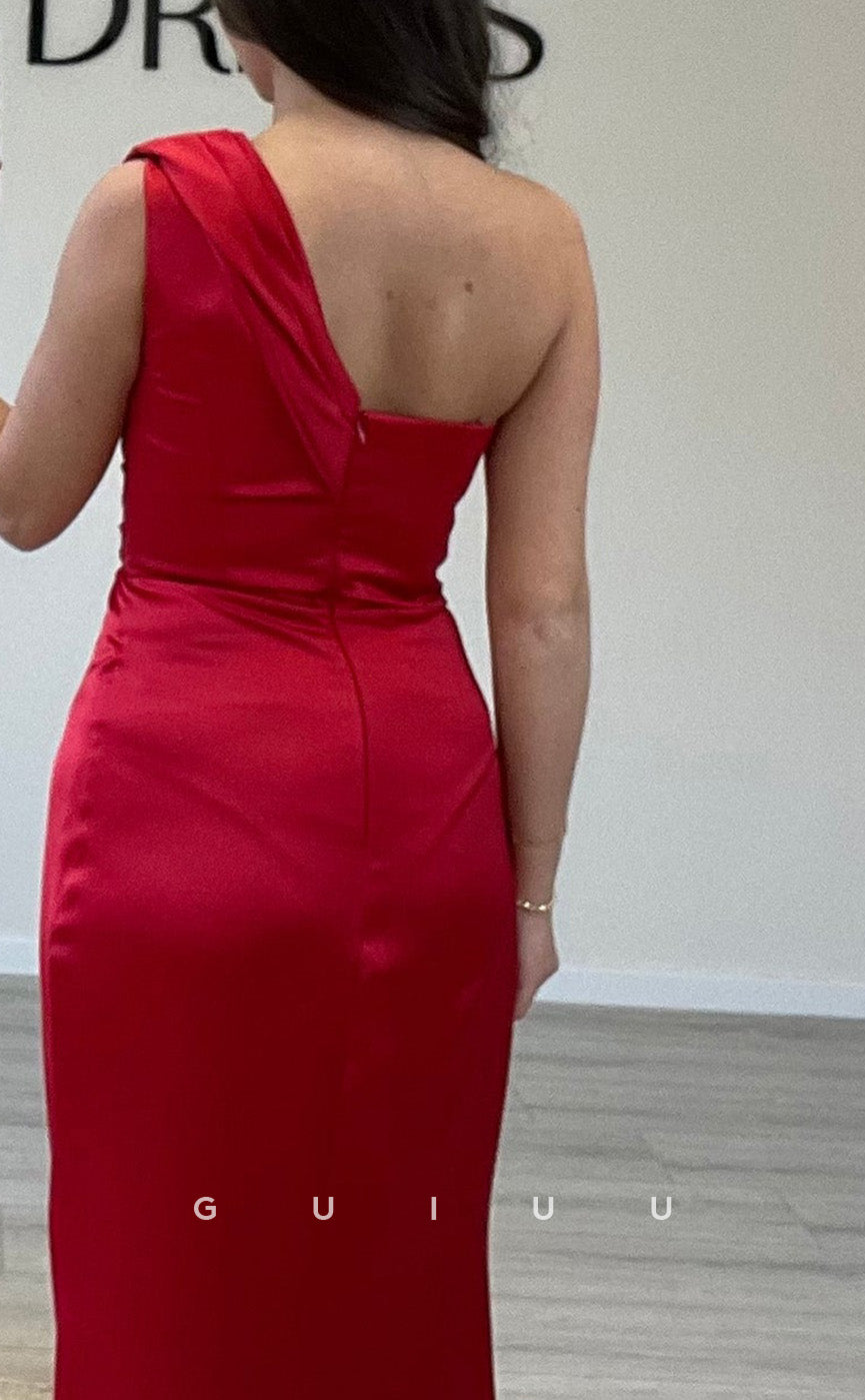 G3526 - Sexy & Hot Sheath Asymmetrical One Shoulder High Side Slit Draped Floor-Length Party Gown Prom Dress