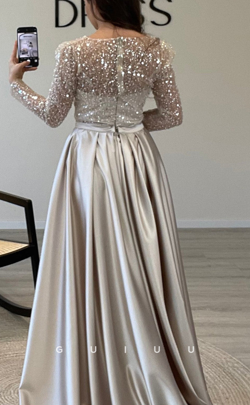 G3528 - Sexy & Hot Sheath Illusion Bateau Sweetheart Long Sleeves Sequined Floor-Length Party Gown Prom Dress With Overlay