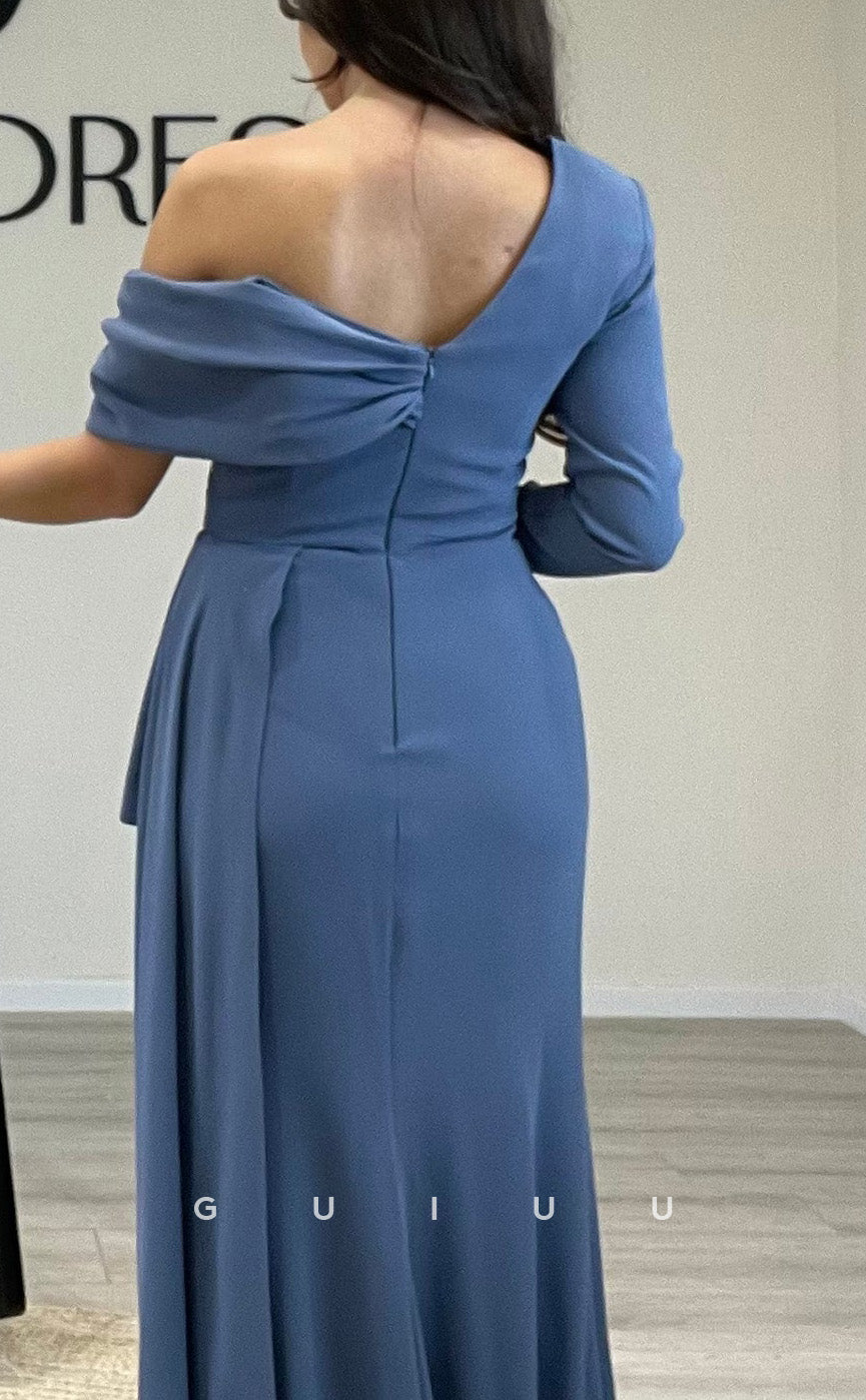 G3544 - Classic & Timeless Sheath Asymmetrical Long Sleeves Sequined Draped High Side Slit Floor-Length Ballgown Prom Dress With Overlay