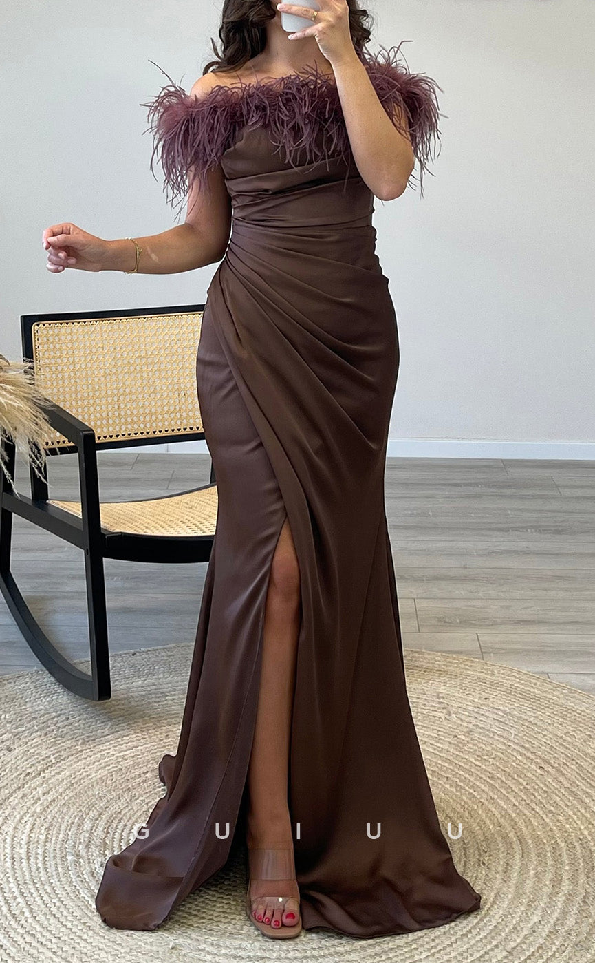 G3545 - Sexy & Hot Sheath Off Shoulder Feather Draped High Side Slit Floor-Length Party Gown Prom Dress With Sweep Train