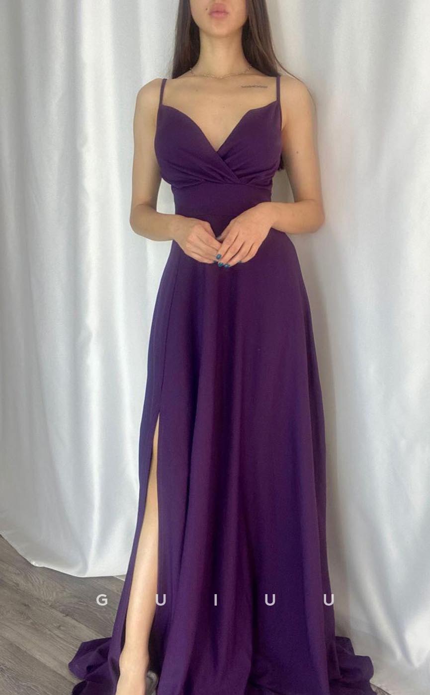 G3555 - Simple & Casual A-Line Straps V-Neck Side Slit Draped Floor-Length Party Dress