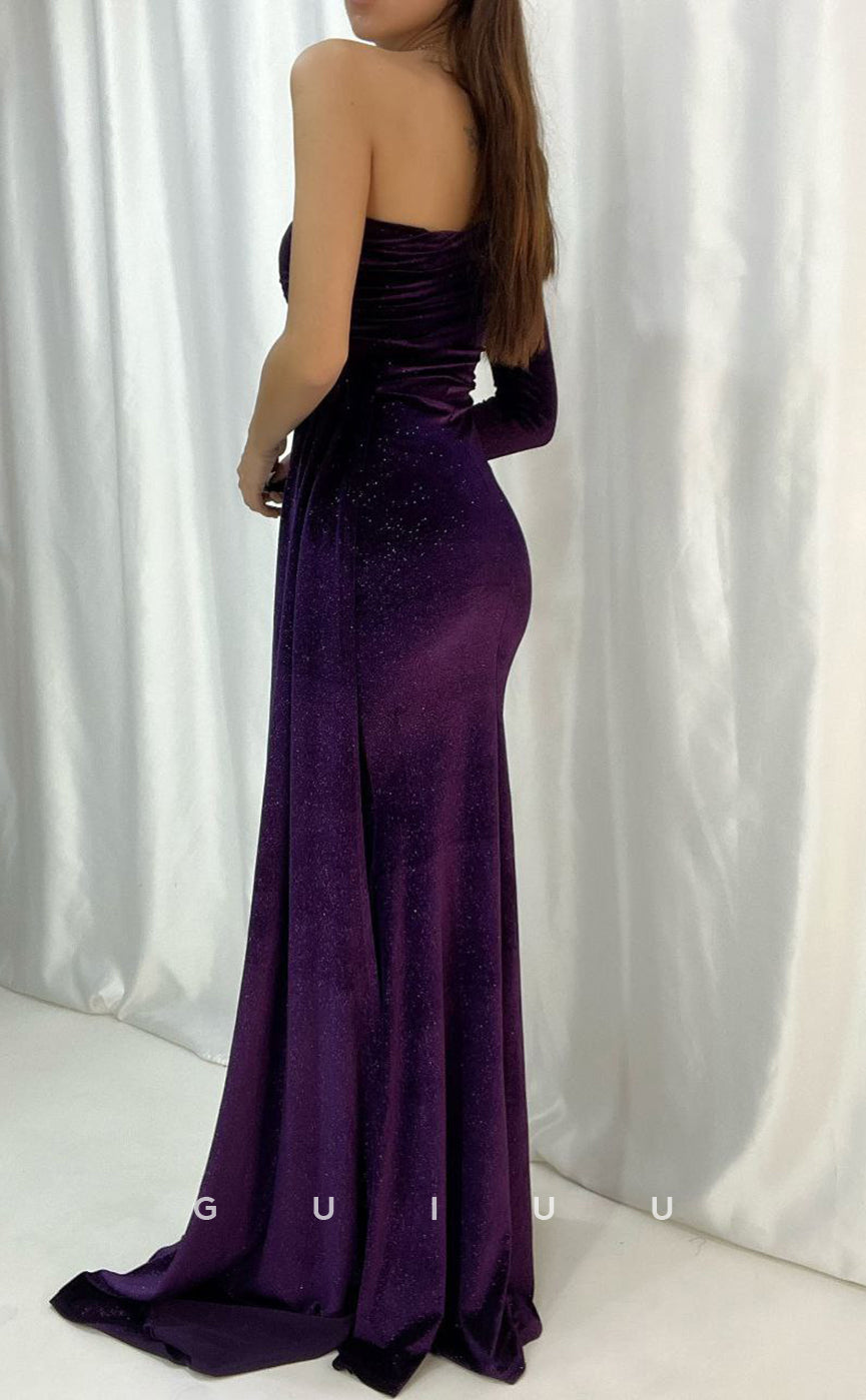 G3558 - Sexy & Hot Sheath One Shoulder Long Sleeves Draped Side Slit Floor-Length Party Dress With Overlay