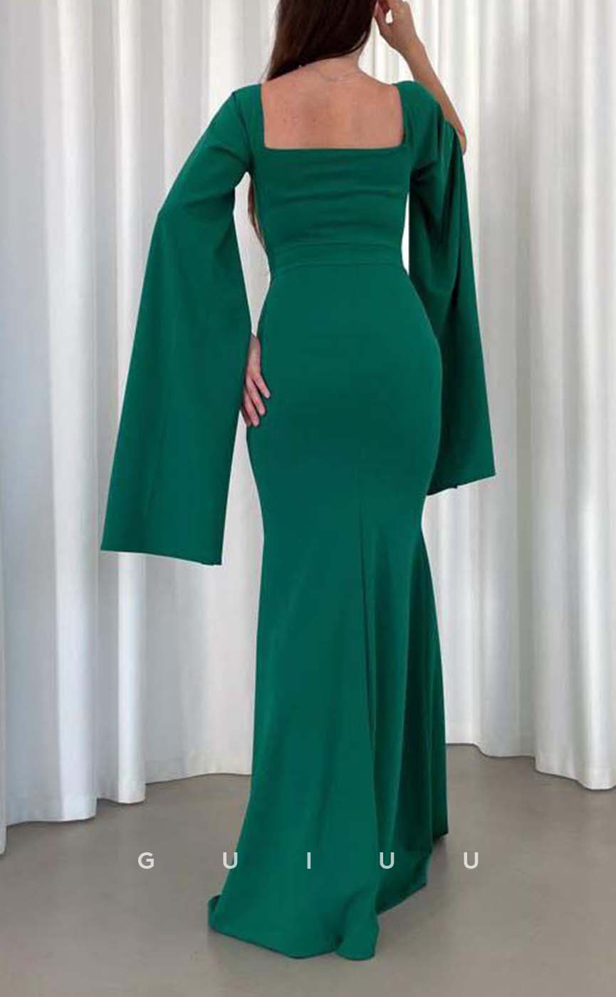 G3564 - Simple & Casual Trumpet Square Long Bell Sleeves Side Slit Floor-Length Party Dress