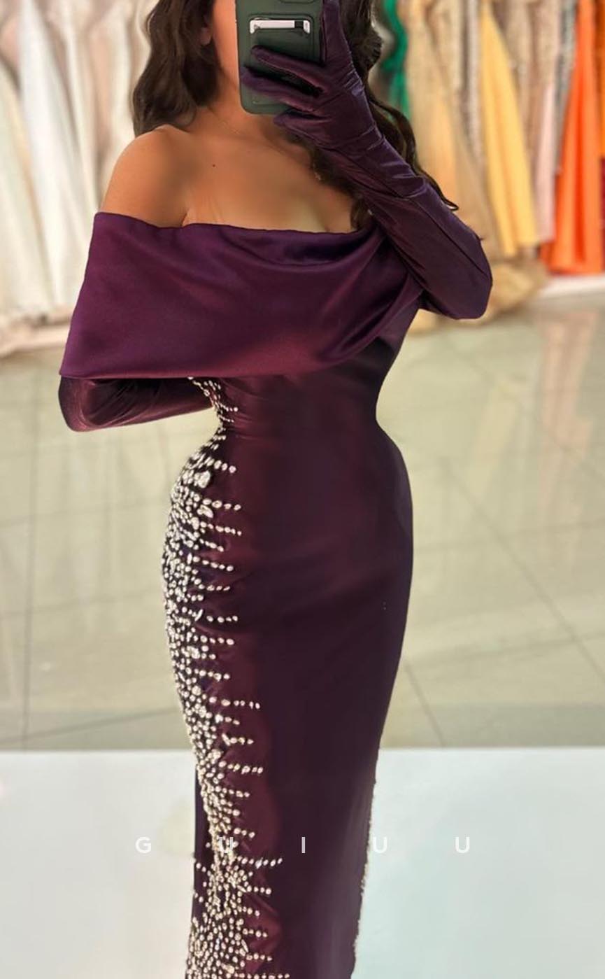 G3715 - Sexy & Hot Sheath Off Shoulder Beaded and Draped Ankle-Length Party Gown Prom Dress with Long Sleeves and Golves