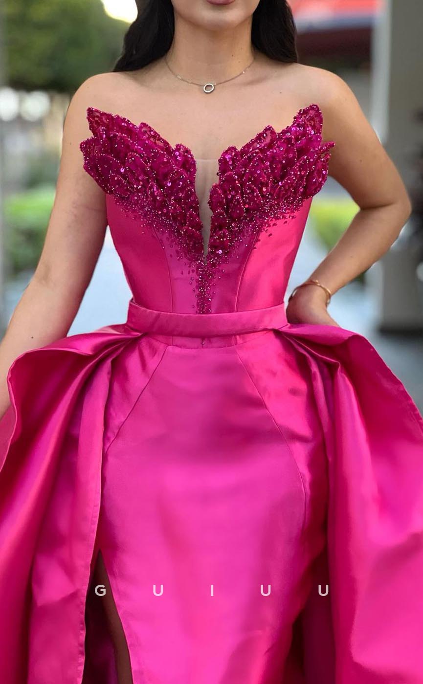 G3773 - Chic & Modern Sheath V-Neck Strapless Beaded Party Ballgown Prom Dress with High Side Slit and Ovelay