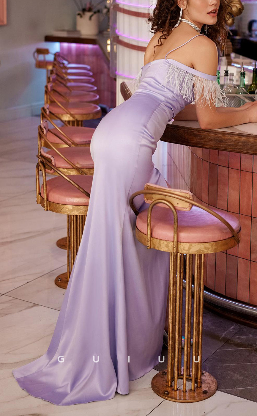 G3797 - Sexy & Hot Sheath Off Shoulder Straps Draped Party Gown Prom Dress with Feather and High Side Slit