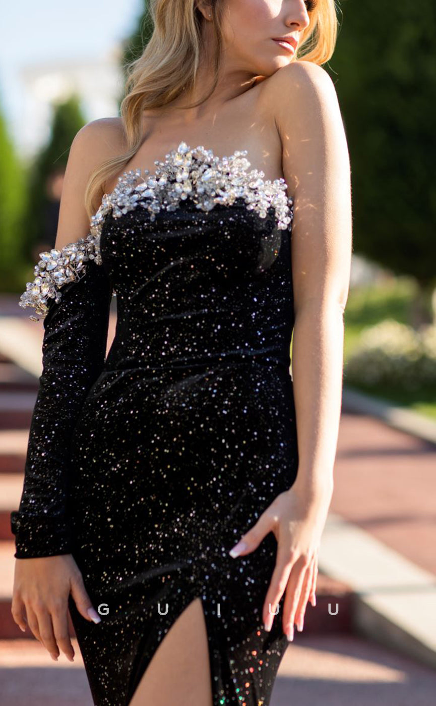 G3802 - Sexy & Hot Sheath Strapless Fully Sequined and Floral Beaded Party Gown Prom Dress with Long Sleeves and High Side Slit