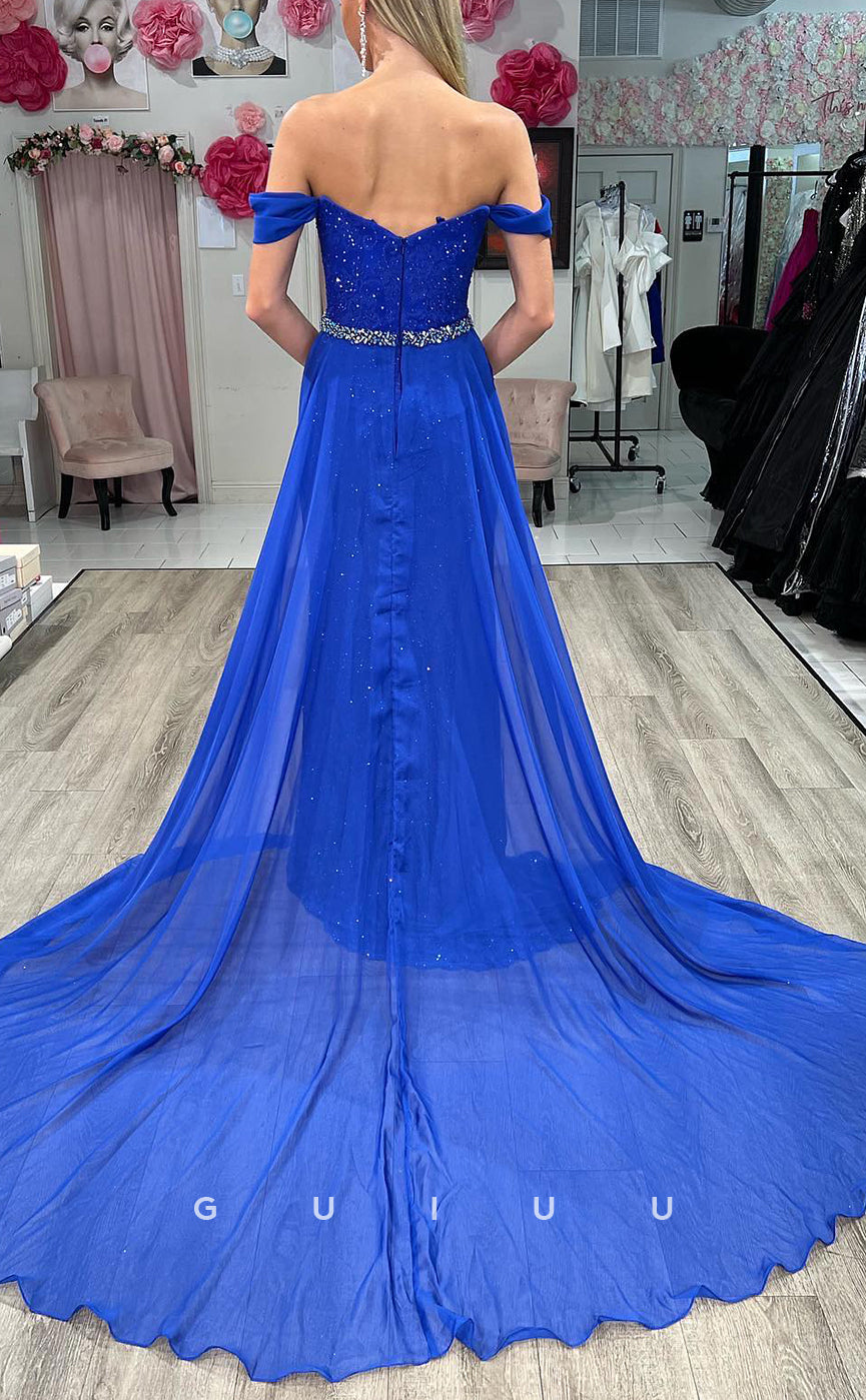 G3815 - Chic & Modern Sheath Off Shoulder Lace and Beaded Formal Party Gown Prom Dress with High Side Slit and Overlay