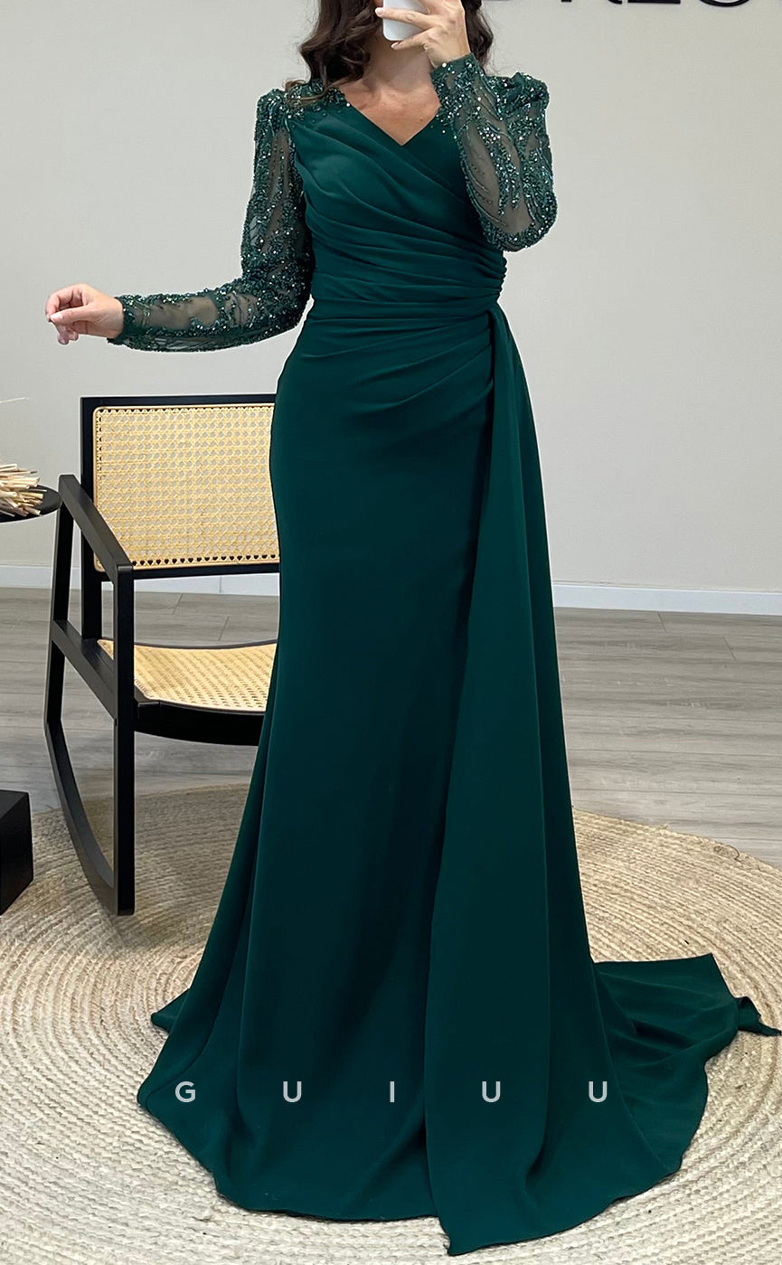 G3831 - Chic & Modern Sheath V-Neck Beaded Sequined and Draped Formal Party Prom Dress with Long Sleeves and Overlay