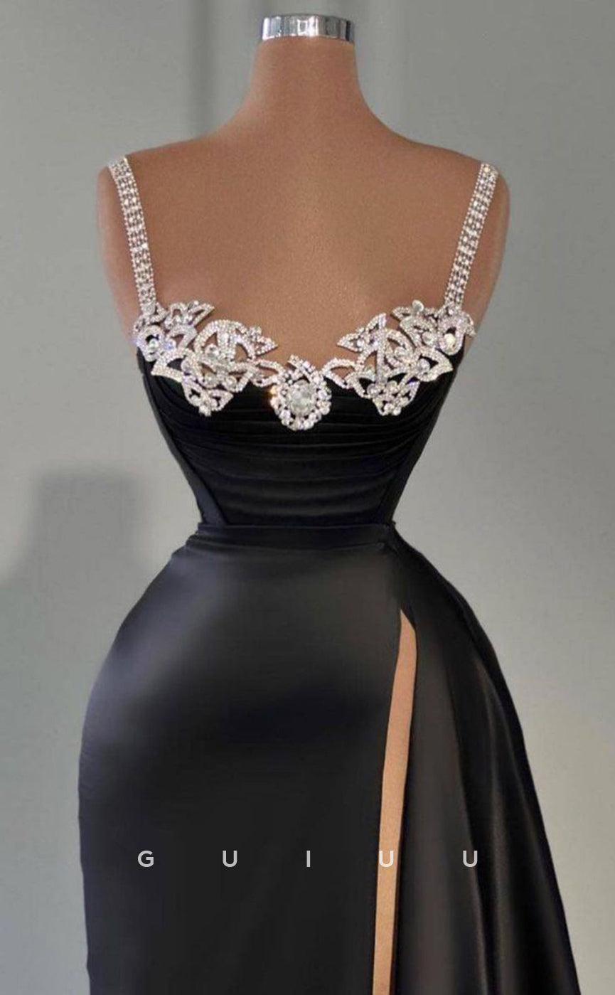 G3844 - Chic & Modern A-Line Straps Draped and Beaded Formal Party Gown Prom Dress with High Side Slit