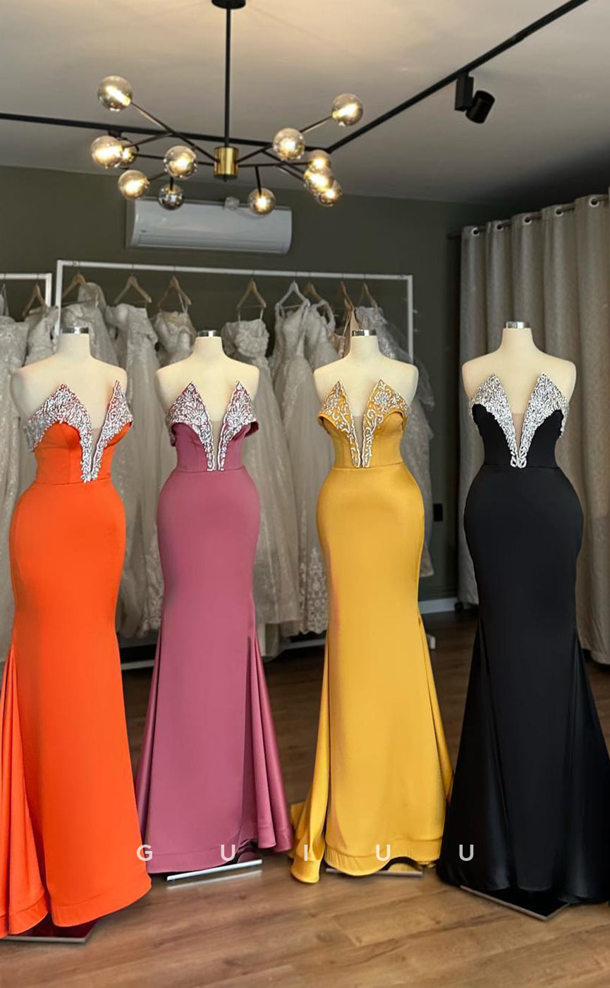 G3891 - Classic & Timeless Sheath V-Neck Floral Beaded Formal Party Gown Prom Dress with Sweep Train