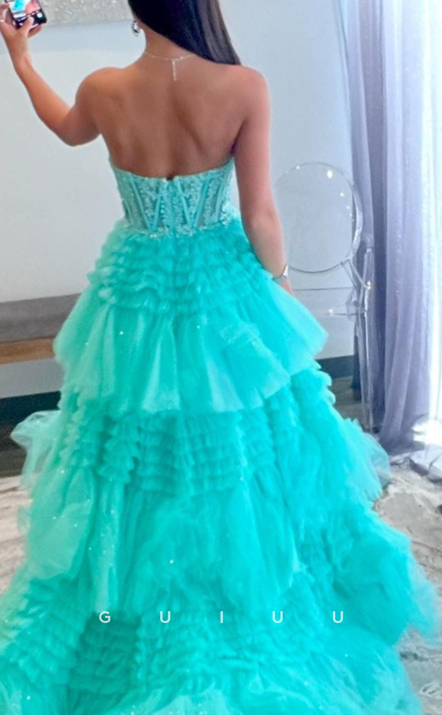 G3913 - Chic & Modern A-Line Sweetheart Floral Appliqued and Sequined Ballgown Prom Dress with High Side Slit