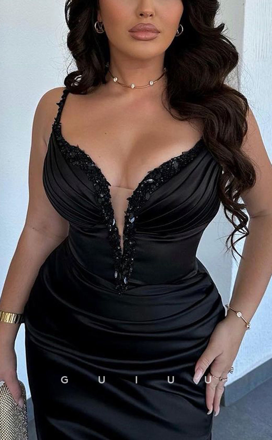 G3929 - Sexy & Hot Sheath V-Neck Beaded and Draped Black Party Gown Prom Dress with High Side Slit