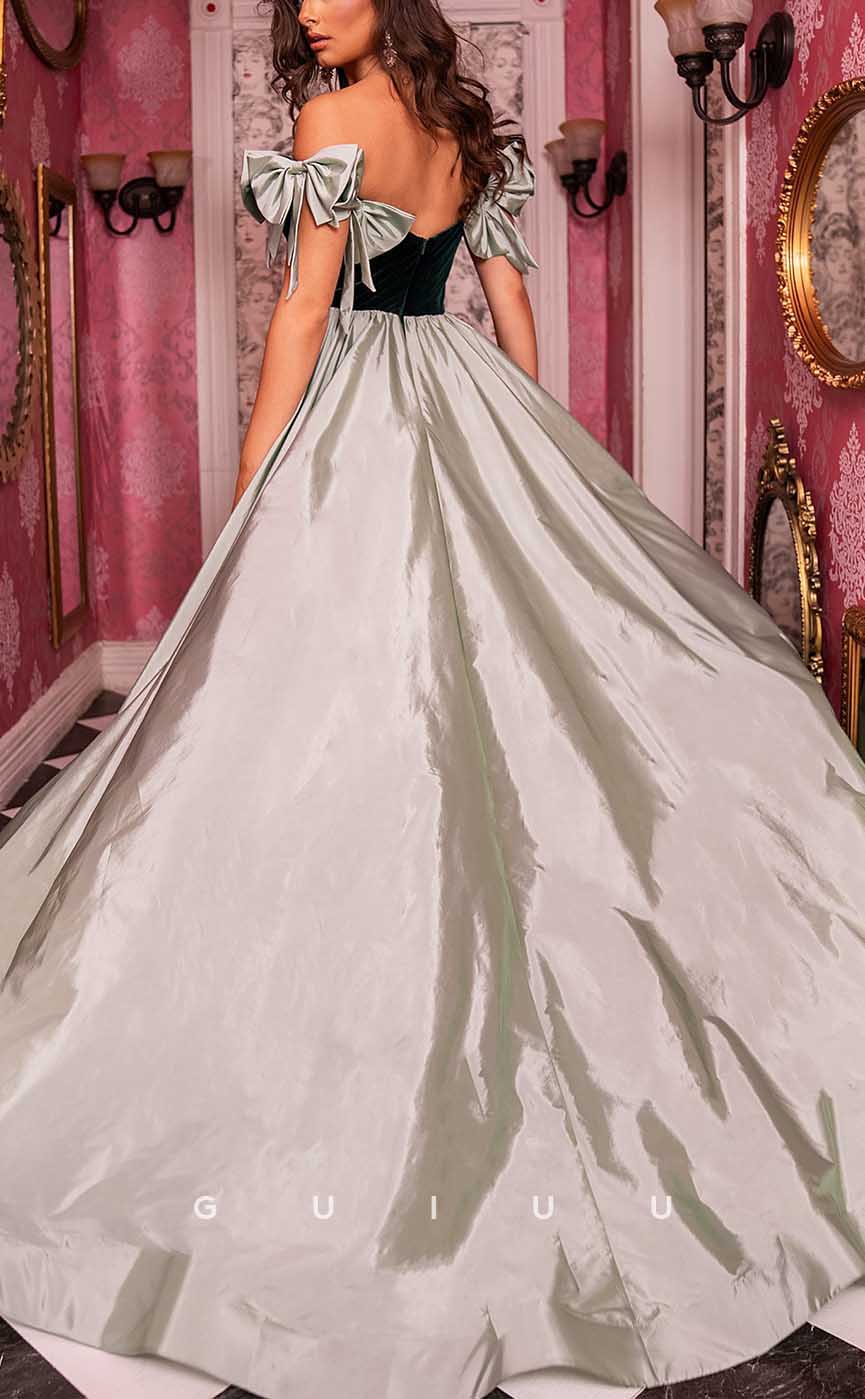 G3960 - Chic & Modern Sheath Off Shoulder Bows Draped Evening Party Gown Prom Dress with High Side Slit and Overlay