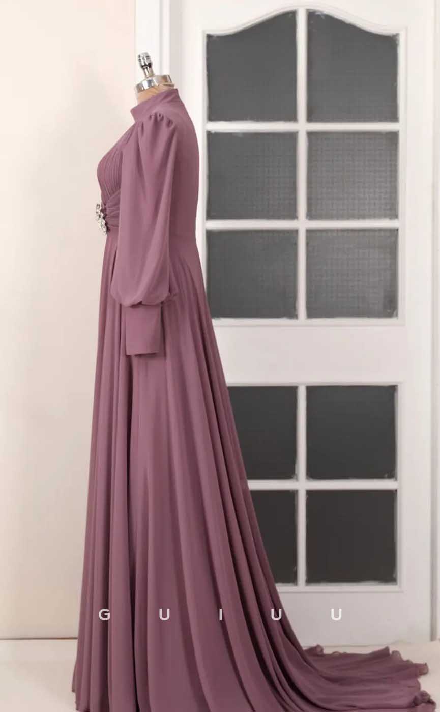 G4033 - Chic & Modern A-Line High Neck Draped and Beaded Formal Party Prom Dress with Long Bishop Sleeves