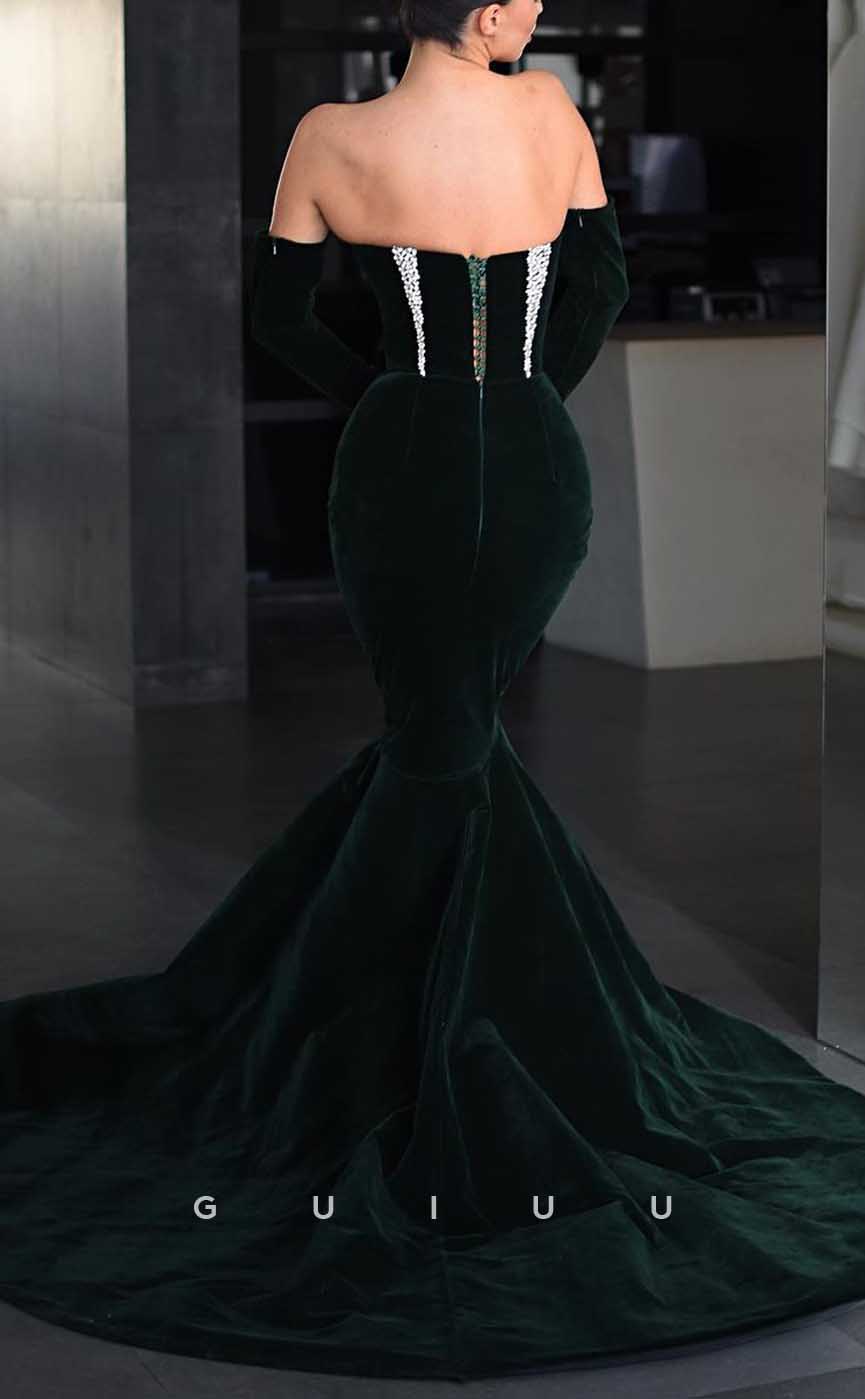 G4109 - Sexy & Hot Mermaid Strapless Beaded and Draped Evening Gown Prom Dress with Long Gloves