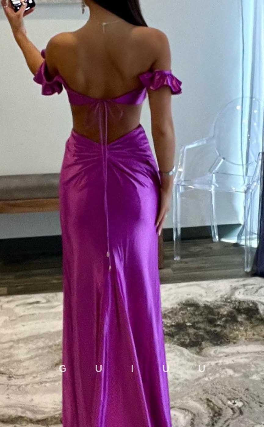 G4148 - Sexy & Hot Sheath Off Shoulder Cut-Outs Floral Embossed and Draped Evening Party Prom Dress with Ruffles