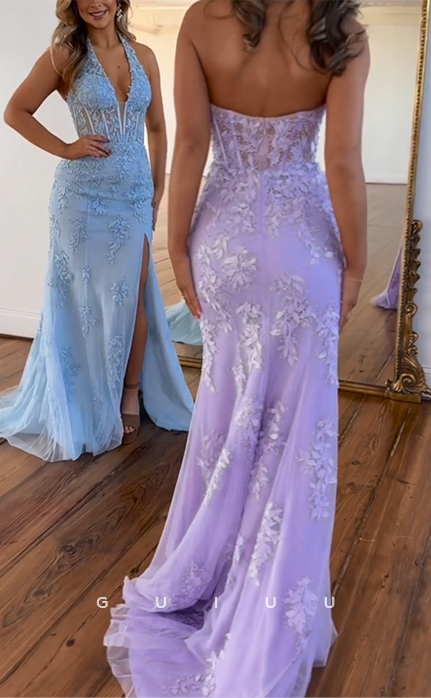 G4160 - Chic & Modern Sheath V-Neck Halter Floral Appliqed and Beaded Evening Gown Prom Dress with High Side Slit