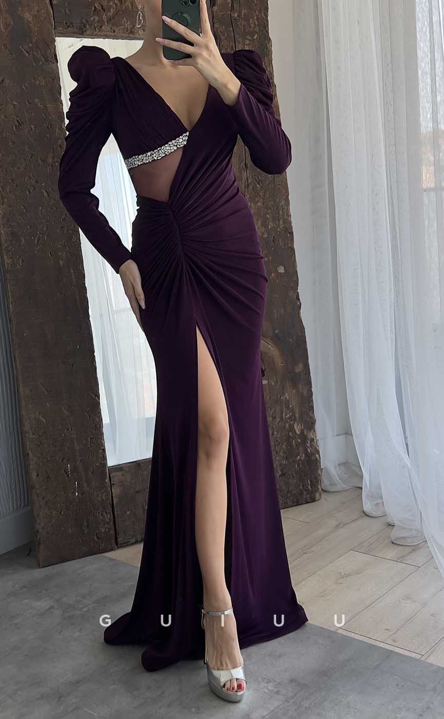 G4167 - Classic & Timeless Sheath V-Neck Illusion Beaded and Draped Formal Gown Prom Dress with Long Sleeves and High Side Slit