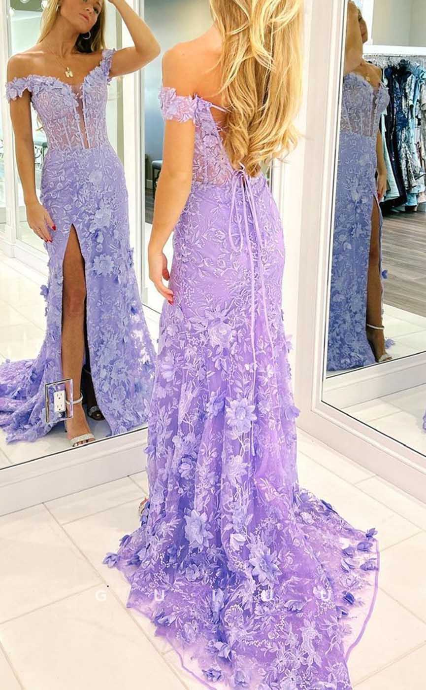 G4179 - Sexy & Hot Mermaid Off Shoulder Fully Floral Appliqued Evening Gown Prom Dress with High Side Slit and Sweep Train
