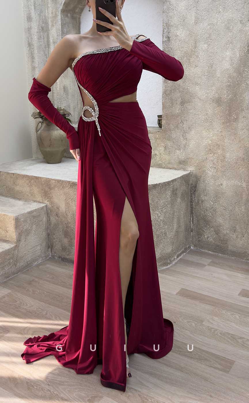 G4183 - Classic & Timeless Sheath One Shoulder Cut-Outs Beaded and Draped Formal Party Prom Dress with High Side Slit and Overlay
