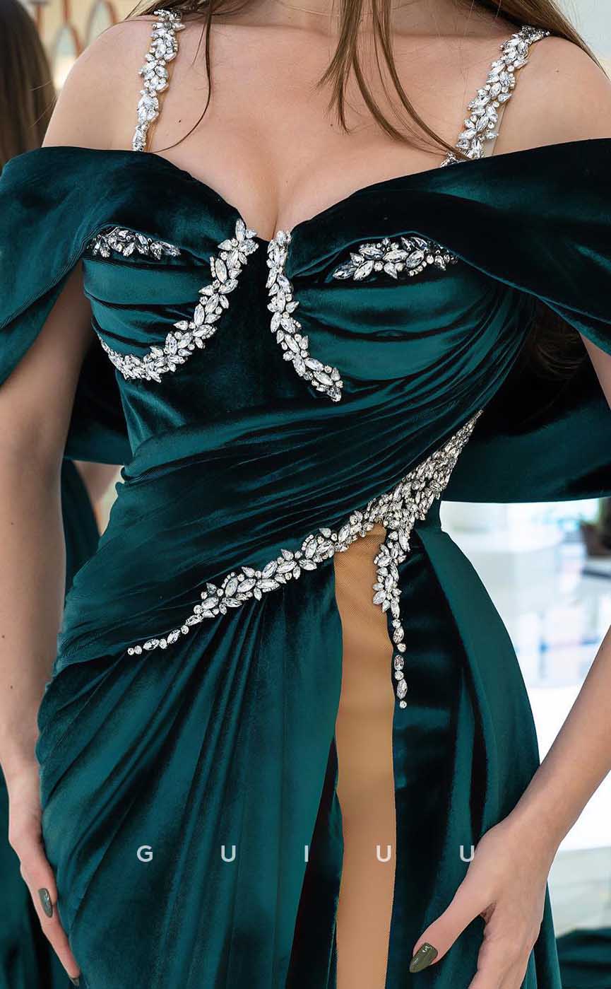 G4196 - Sexy & Hot Sheath Off Shoulder Draped and Beaded Evening Gown Prom Dress with High Side Slit and Sweep Train