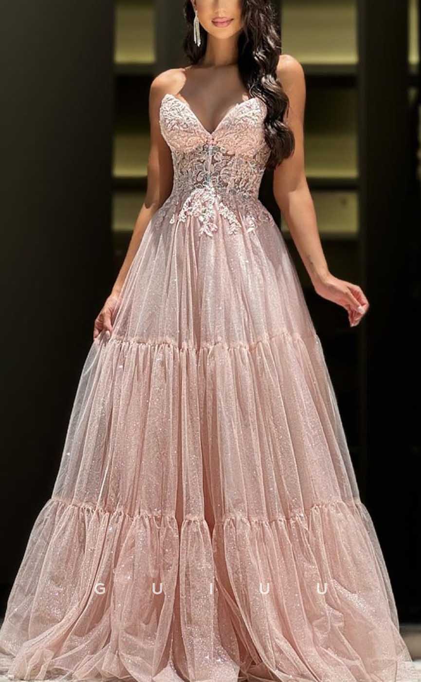 G4214 - Chic & Modern A-Line V-Neck Strapless Pleated and Floral Appliqued Formal Party Prom Dress
