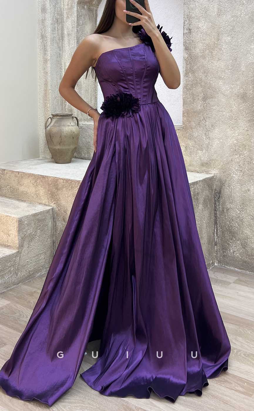 G4227 - Classic & Timeless A-Line One Shoulder Pleated and Floral Embossed Formal Gown Prom Dress with High Side Slit