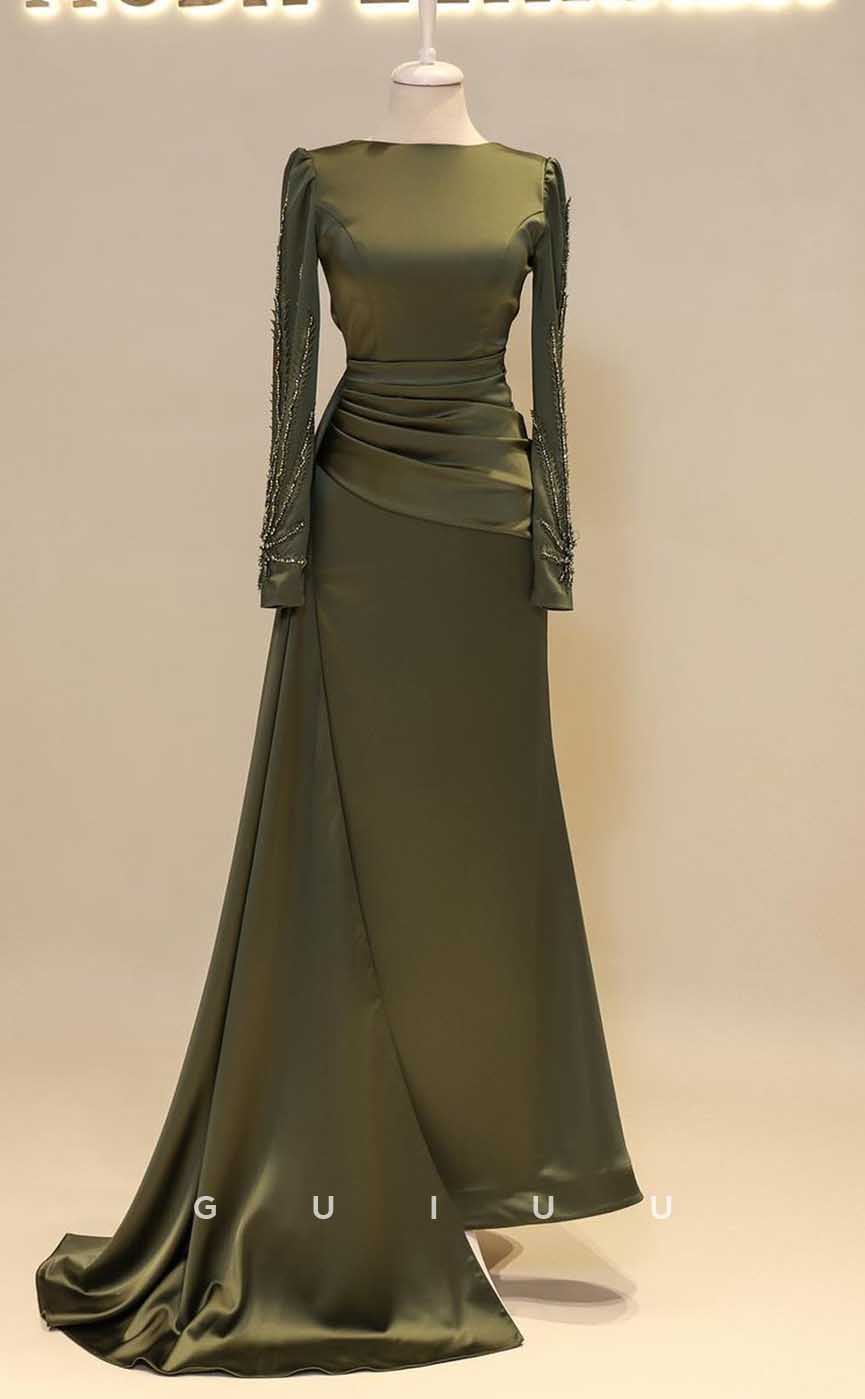G4251 - Classic & Timeless Sheath Scoop Beaded and Draped Formal Evenng Gown Prom Dress with Long Sleeves and Overlay