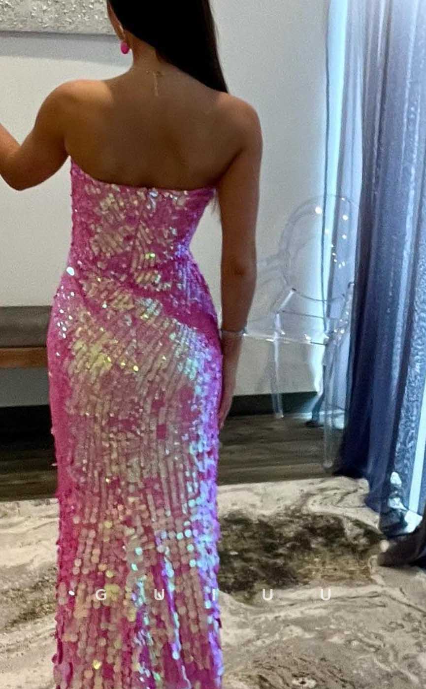 G4297 - Sexy & Hot Sheath Fully Sequined Evening Party Prom Dress with High Side Slit