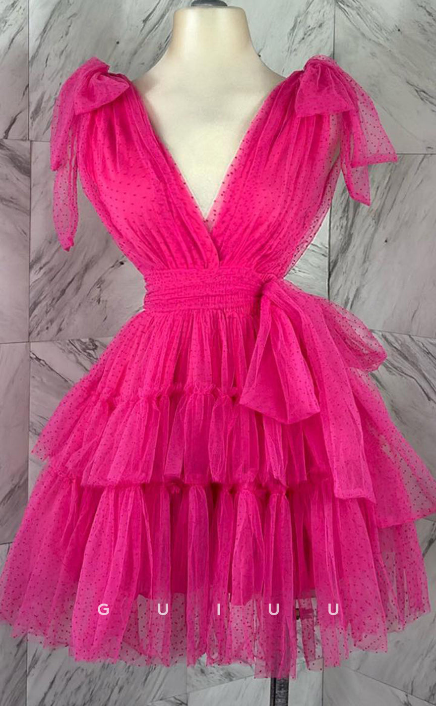 GH513 - Couture A-Line Allover Lace Party Dress Ball Gown V-Neck Strappy Homecoming Dress with Bowknot