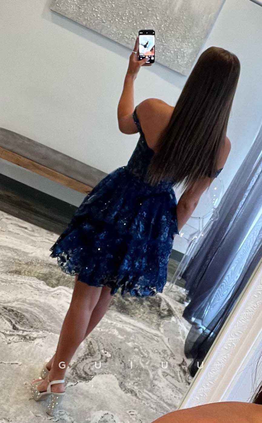 GH542 - A-Line Ball Gown Off-Shoulder Lace Applique Sequins Royal Blue Homecoming Dress