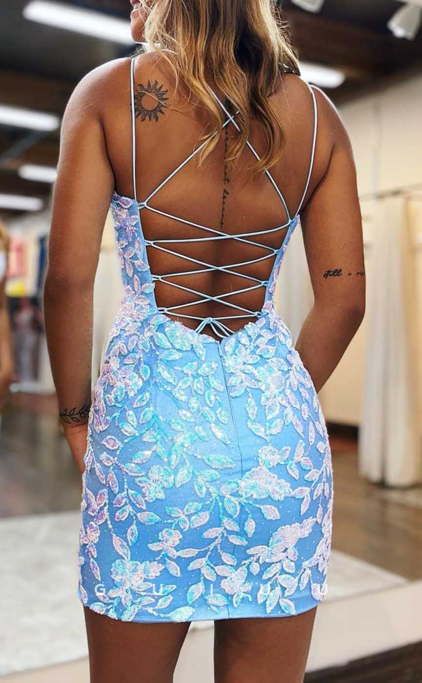 GH556 - Sexy Sheath Plunging Illusion Spaghetti Straps Appliques Dress Lcae-Up Homecoming Dress