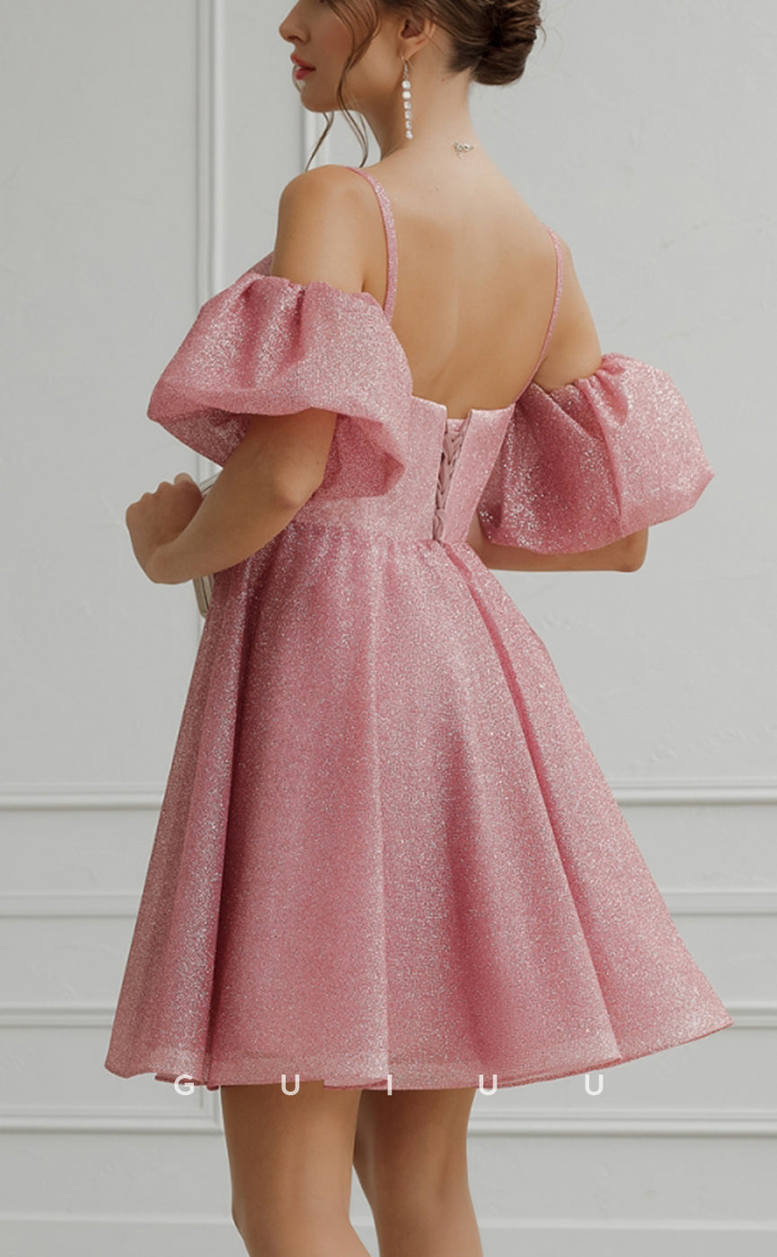 GH576 - Sexy A-Line Sparkle Spaghetti Straps Puff Sleeves Lace-Up Open Back Homecoming Dress